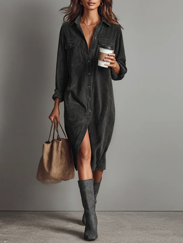 Celine | Loose Corduroy Double Chest Pocket Single Breasted Midi Dress