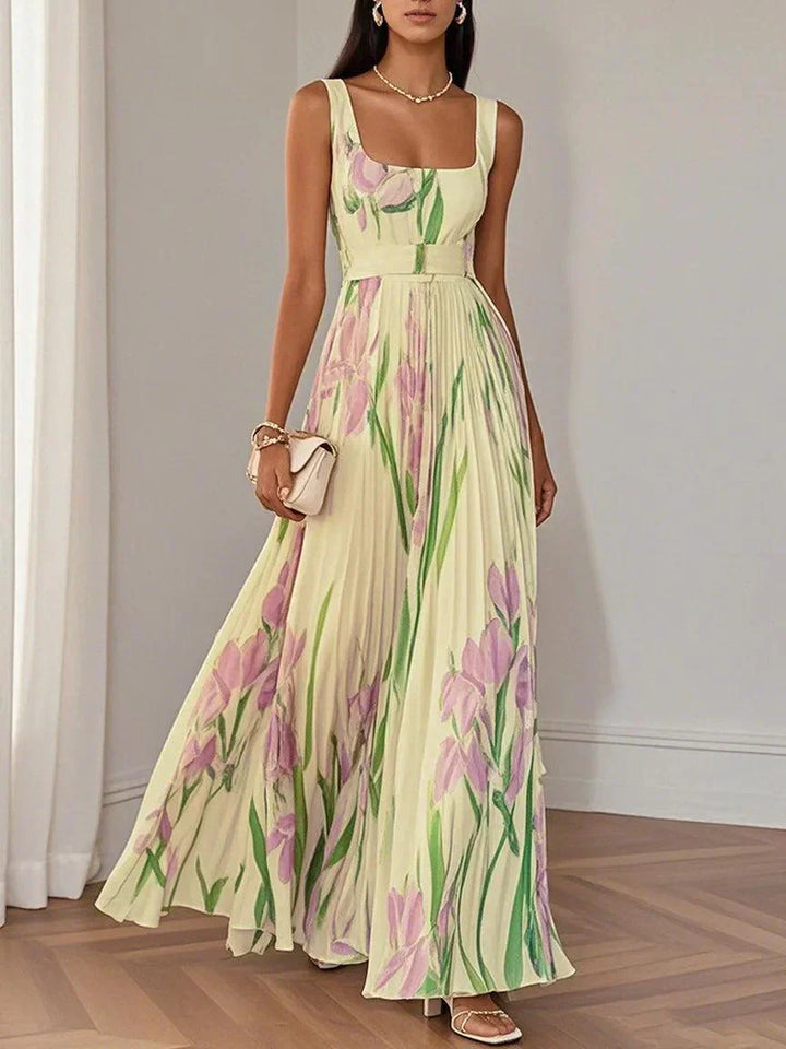 Aurelia™ | Pleated Floral Chiffon Maxi Dress