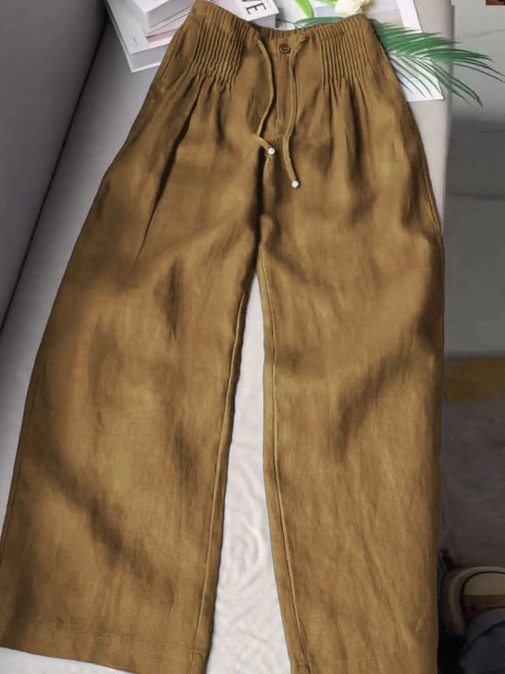 Lina™ | Women's Solid Pleated Drawstring Cotton-Linen Wide-Leg Pants