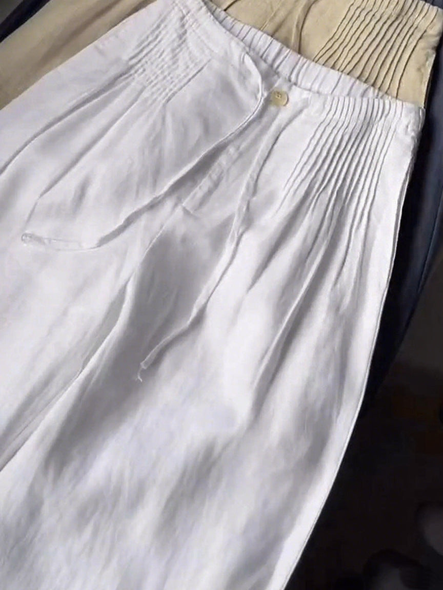 Lina™ | Women's Solid Pleated Drawstring Cotton-Linen Wide-Leg Pants