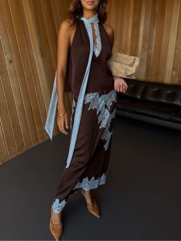 Marisse™ | Elegant Lace Panel Tee & Skirt Set