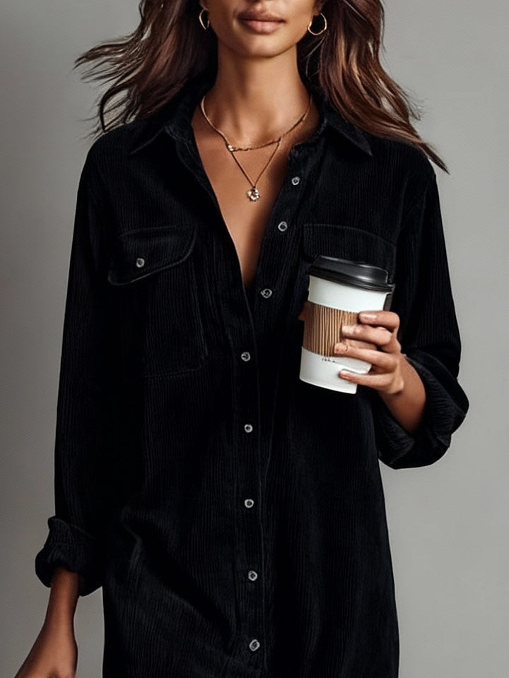 Celine | Loose Corduroy Double Chest Pocket Single Breasted Midi Dress