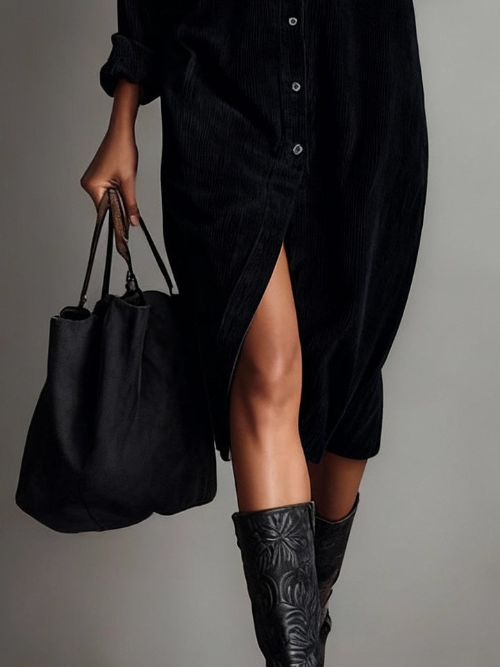 Celine | Loose Corduroy Double Chest Pocket Single Breasted Midi Dress