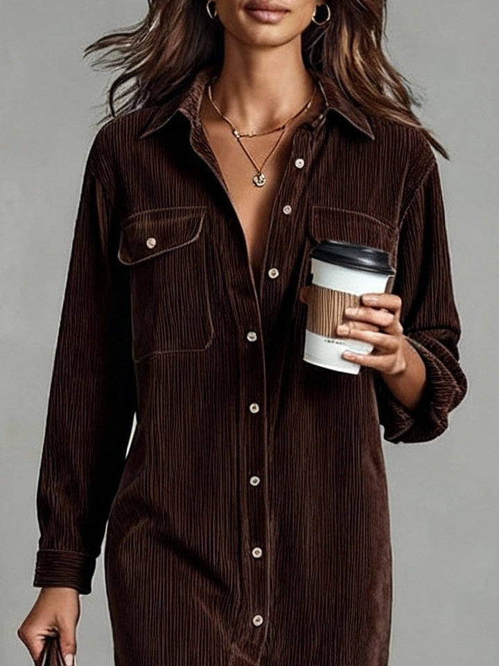 Celine | Loose Corduroy Double Chest Pocket Single Breasted Midi Dress