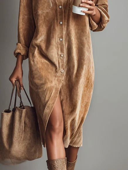 Celine | Loose Corduroy Double Chest Pocket Single Breasted Midi Dress