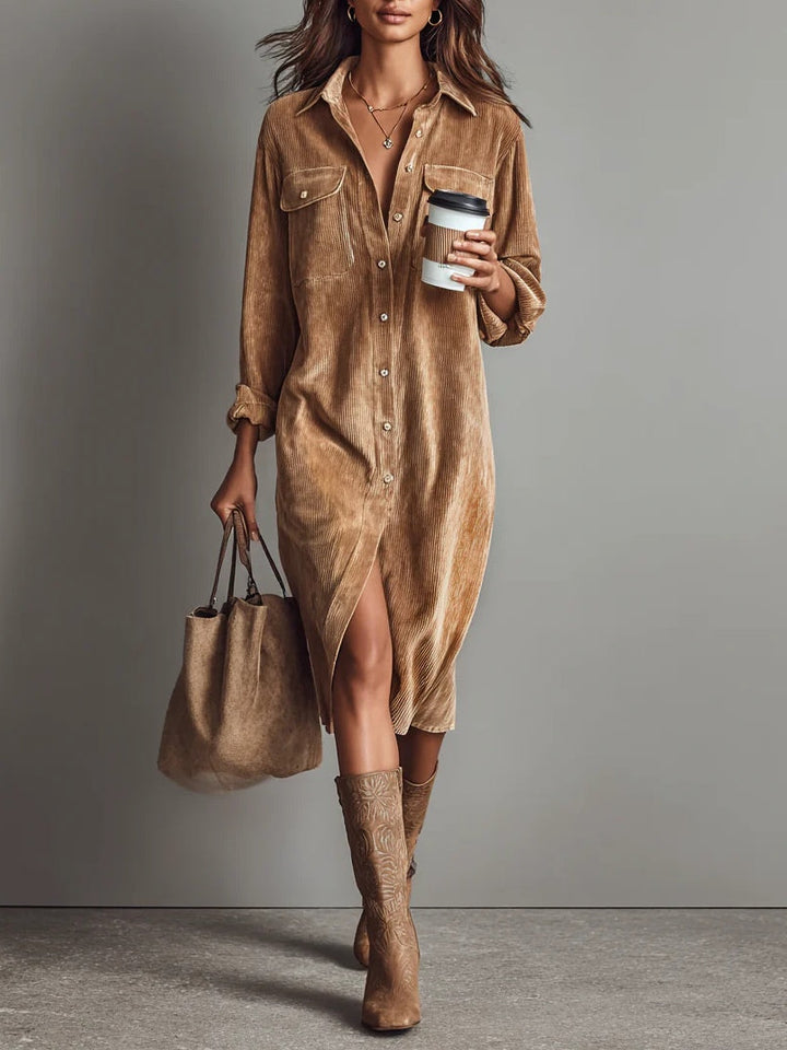 Celine | Loose Corduroy Double Chest Pocket Single Breasted Midi Dress