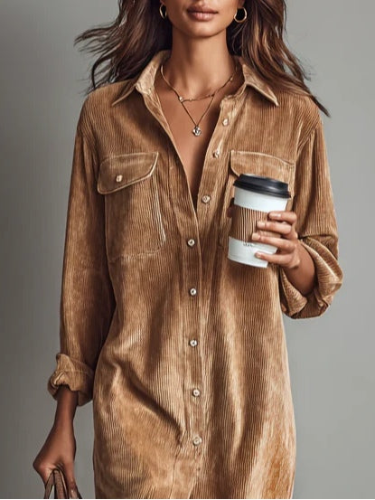Celine | Loose Corduroy Double Chest Pocket Single Breasted Midi Dress