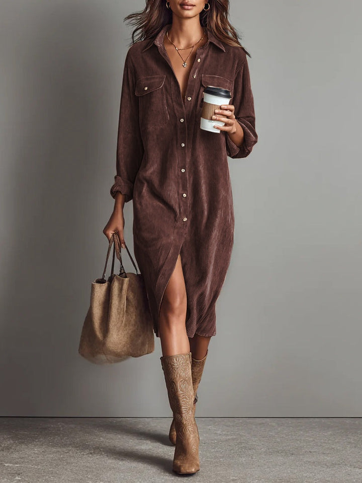 Celine | Loose Corduroy Double Chest Pocket Single Breasted Midi Dress