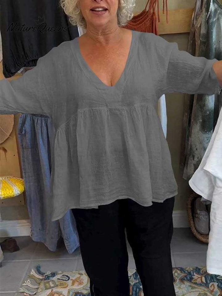 Nadia™ | V-Neck Cotton and Linen Shirt
