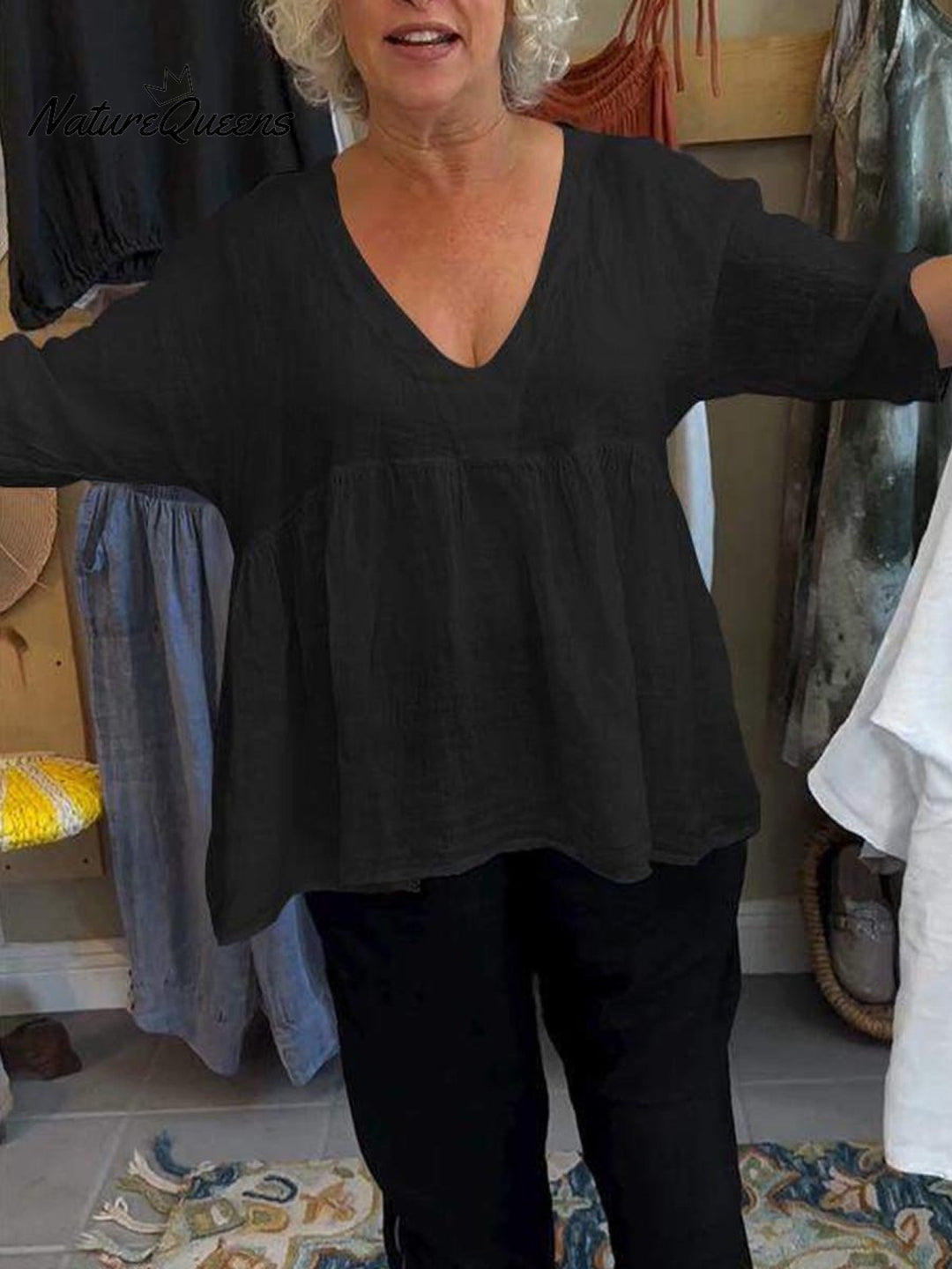 Nadia™ | V-Neck Cotton and Linen Shirt